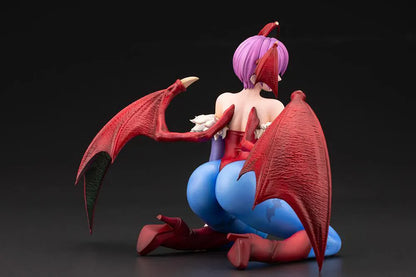 Darkstalkers Lilith 1/7 Scale Figure featuring Lilith with purple hair, bat wing accents, red-and-blue outfit details, and a playful seated pose.
