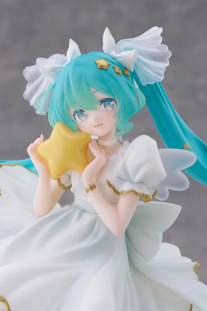Vocaloid AMP+ Hatsune Miku Birthday 2026 Star Dreamy Ver figure featuring Hatsune Miku in a white dress standing on a star and cloud base