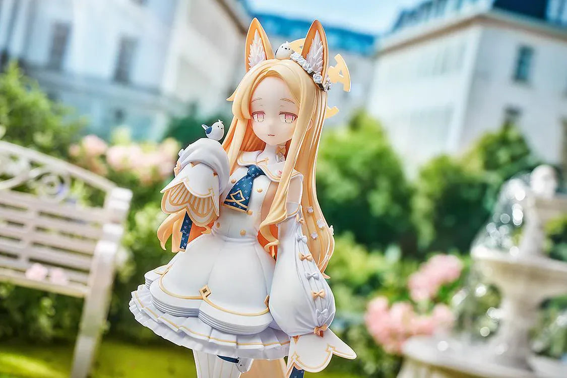 Blue Archive Seia 1/7 Scale Figure with long blonde hair, fox-like ears, white-and-gold outfit, halo, bird companion, and display base