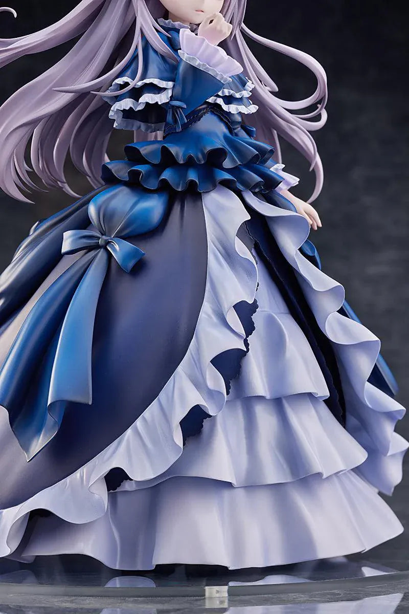 Yu-Gi-Oh! Monster Figure Collection Ghost Belle and Haunted Mansion 1/7 Scale Figure with lavender hair, dark blue gothic dress, layered ruffles, and clear display base