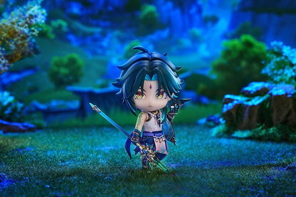 Genshin Impact Nendoroid Xiao chibi figure with teal hair holding polearm weapon