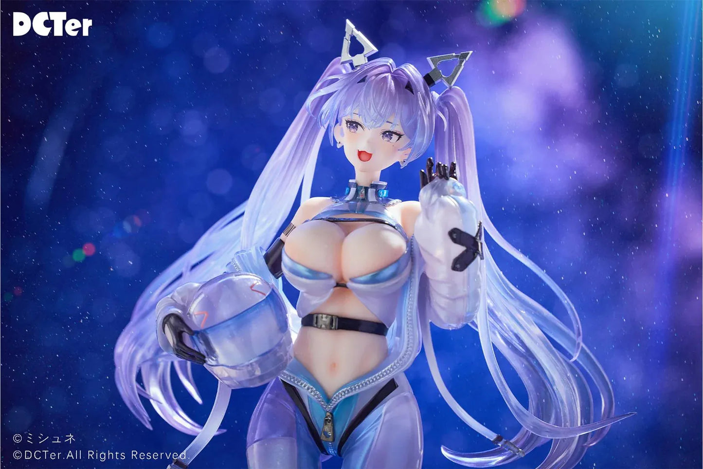 Star Sky Aila 1/7 scale figure featuring lavender twin tails, a futuristic blue bodysuit, helmet accessory, and custom sci-fi display base