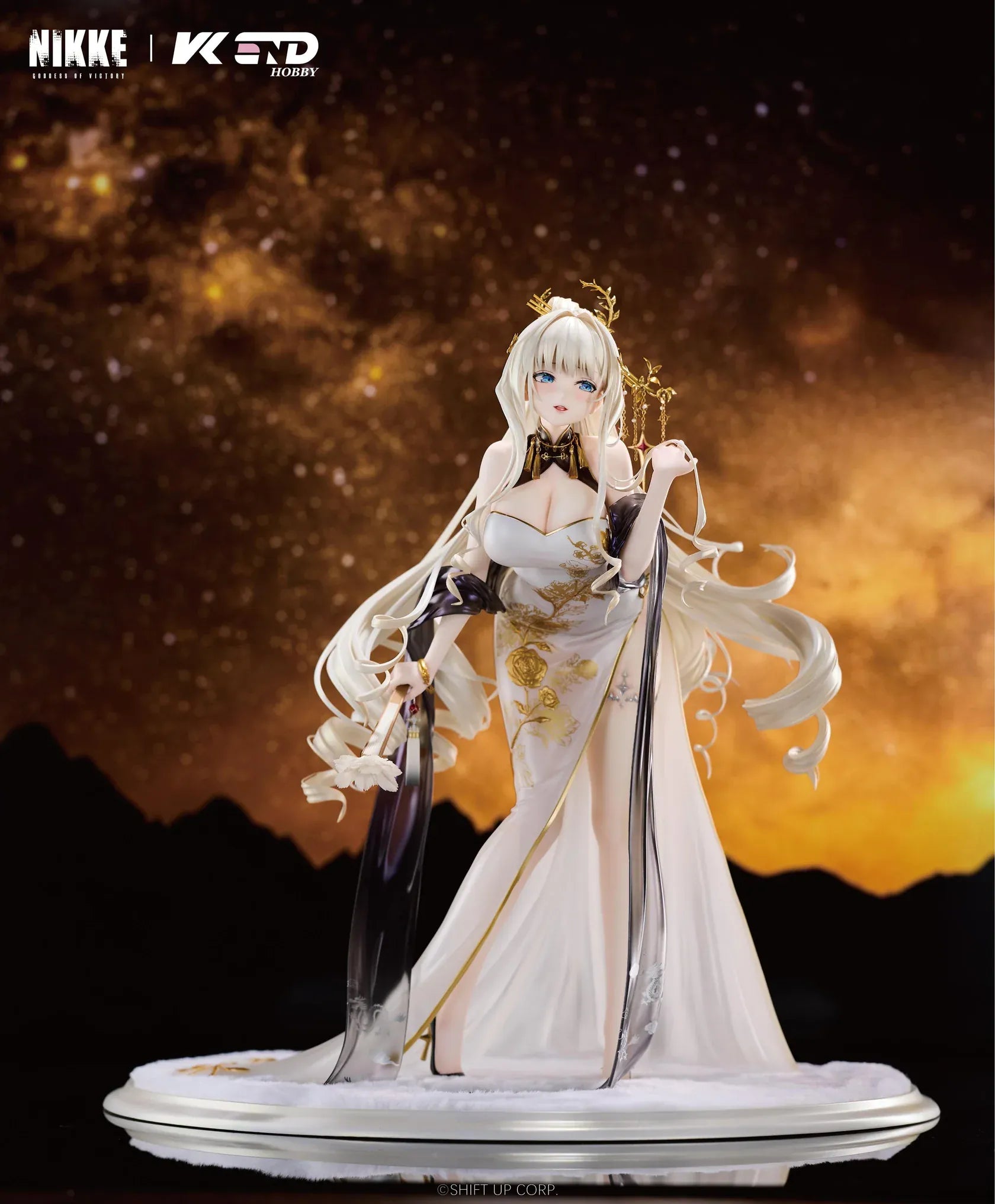 GODDESS OF VICTORY NIKKE Crown Glorious Flower 1/4 Scale Figure in an elegant white black and gold floral outfit