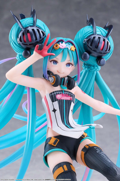 Hatsune Miku Taito Kuji Racing Miku 2026 figure wearing a futuristic racing outfit with flowing turquoise twin-tails and headphones.