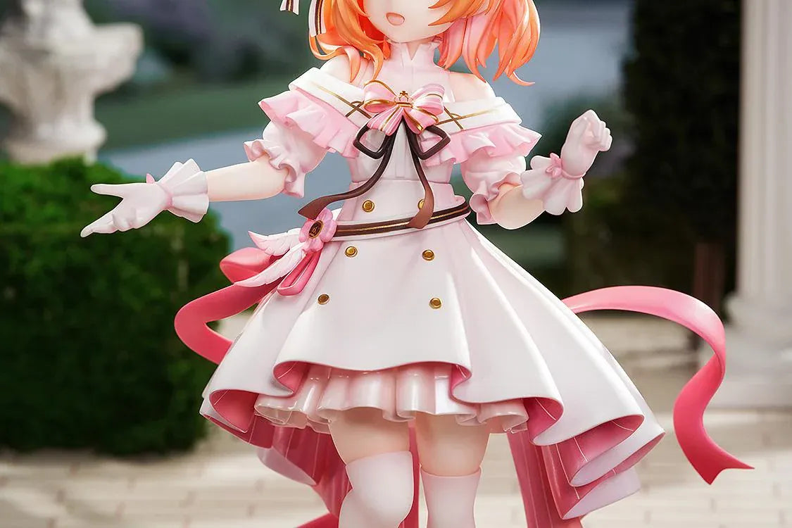 Is the Order a Rabbit Cocoa Dress Ver. 1/7 Scale Figure wearing an elegant pink and white frilled dress with ribbons and floral accessories