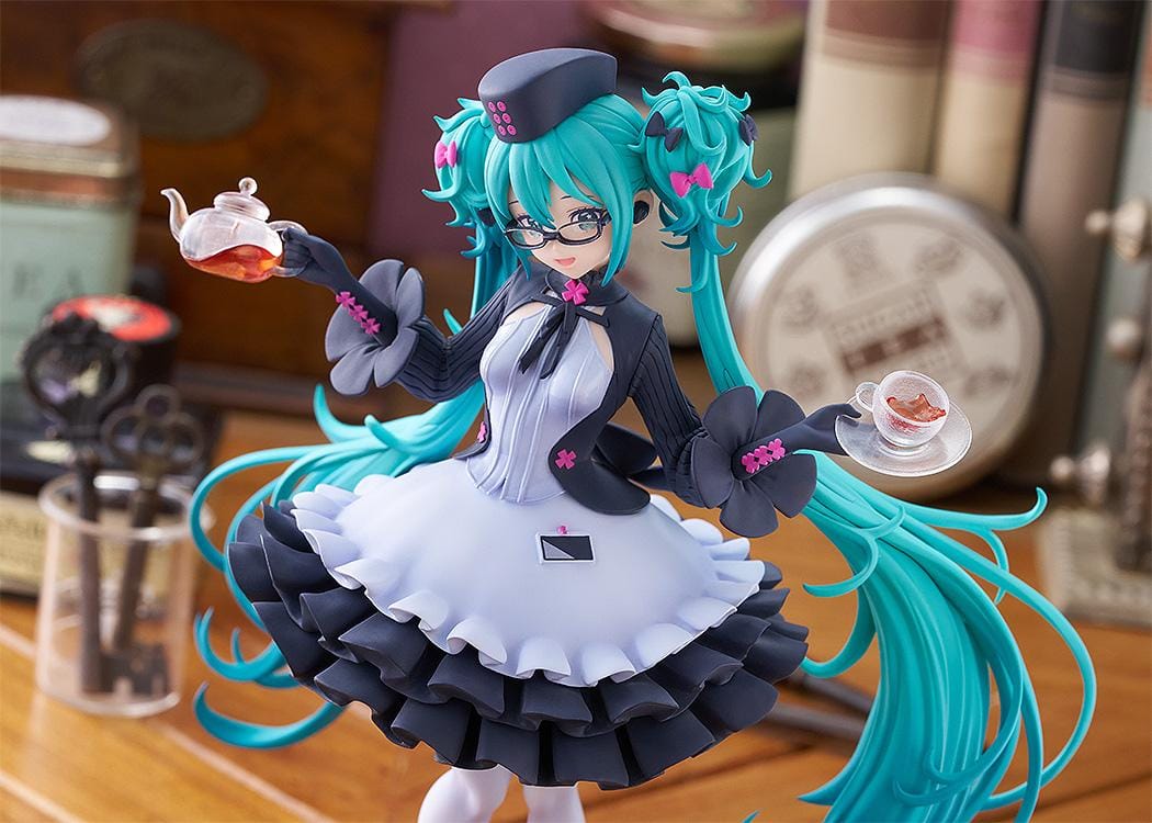 POP UP PARADE Hatsune Miku Glasses x Café Ver figure with glasses, teapot, teacup, and elegant café-themed outfit