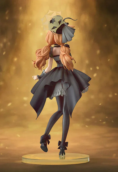 Scale figure of Mari from Blue Archive in her Pop Idol outfit, wearing a black and gray frilled dress with cat ears, hat, and ribboned heels on a yellow base.