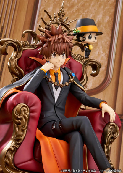 REBORN! Tsunayoshi Sawada & Reborn Scale Figure featuring Tsuna with spiky brown hair, a fiery Dying Will Flame, black suit, and orange-lined cape seated on an ornate golden throne with red upholstery, accompanied by Reborn in his signature fedora.