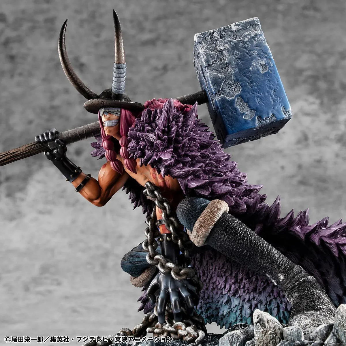 One Piece Portrait of Pirates ELB-Maximum Loki figure crouching with a massive hammer, horned helmet, pink braids, purple cloak, and chains on a rocky base.