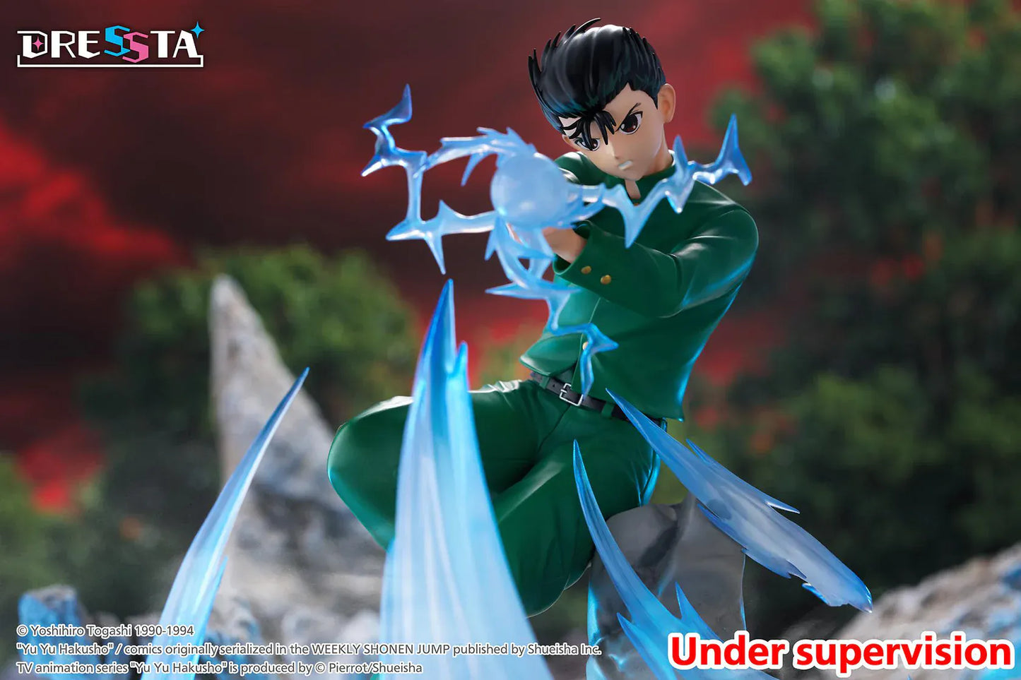 Yu Yu Hakusho Dressta Yusuke Urameshi Figure in green school uniform with blue spirit energy effect and rocky display base