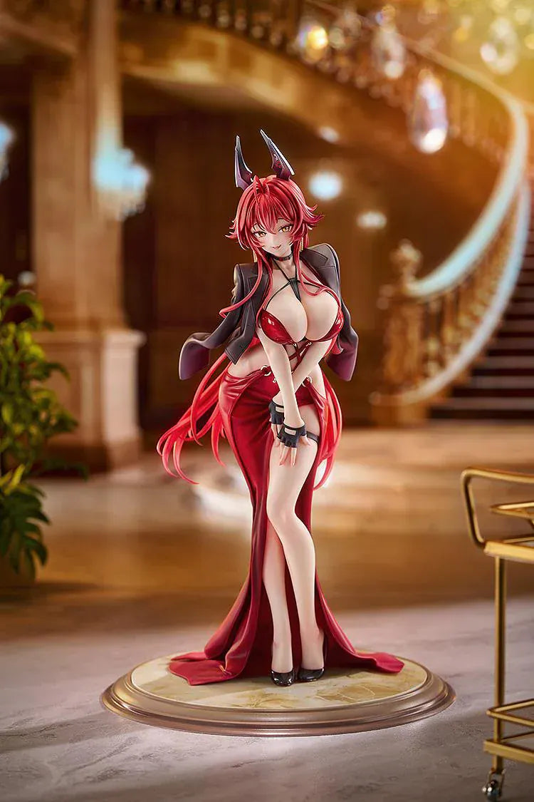 Scale figure of Red Hood from Goddess of Victory: Nikke wearing a red gown and jacket, standing on a decorative base.