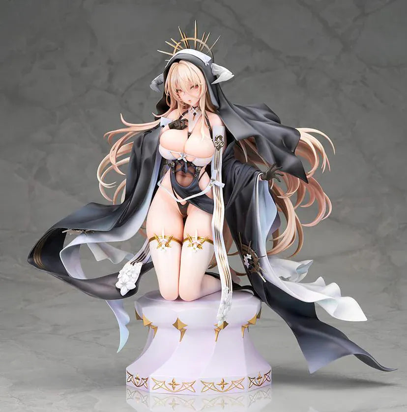 Azur Lane Implacable Special Ver. 1/7 Scale Figure with long blonde hair, black-and-white outfit, gold accents, halo headpiece, and clear display base