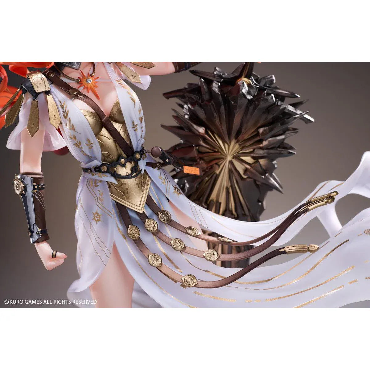 Wuthering Waves Augusta 1/7 Scale Figure with orange-red hair, white-and-gold outfit, armor accents, weapon accessory, and rocky display base