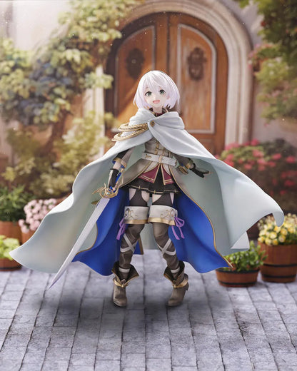 Wandering Witch The Journey of Elaina Amnesia 1/7 Scale Figure featuring Amnesia with short silver hair, white cape, sword, and stone-style display base.