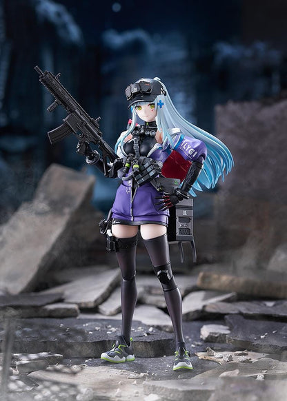 Girls' Frontline 2 Exilium figma Klukai Figure featuring Klukai with light blue hair, tactical outfit, purple jacket, weapon accessory, and futuristic gear details.