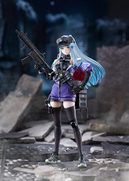 Girls' Frontline 2 Exilium figma Klukai Figure featuring Klukai with light blue hair, tactical outfit, purple jacket, weapon accessory, and futuristic gear details.