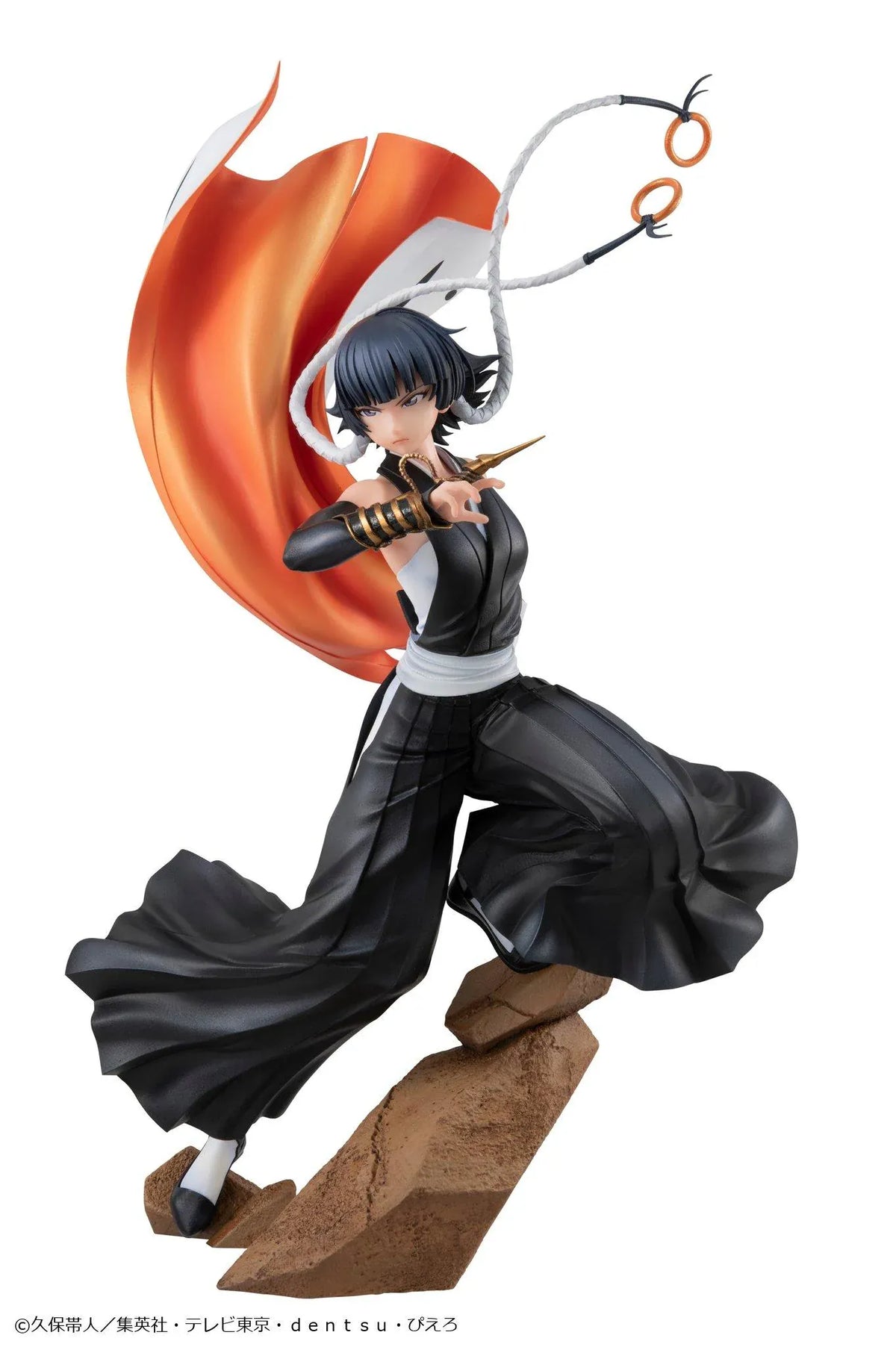 Bleach Gals Series Sui-Feng rerelease figure in a dynamic combat pose with her arm-mounted weapon, flowing uniform, and rocky base.