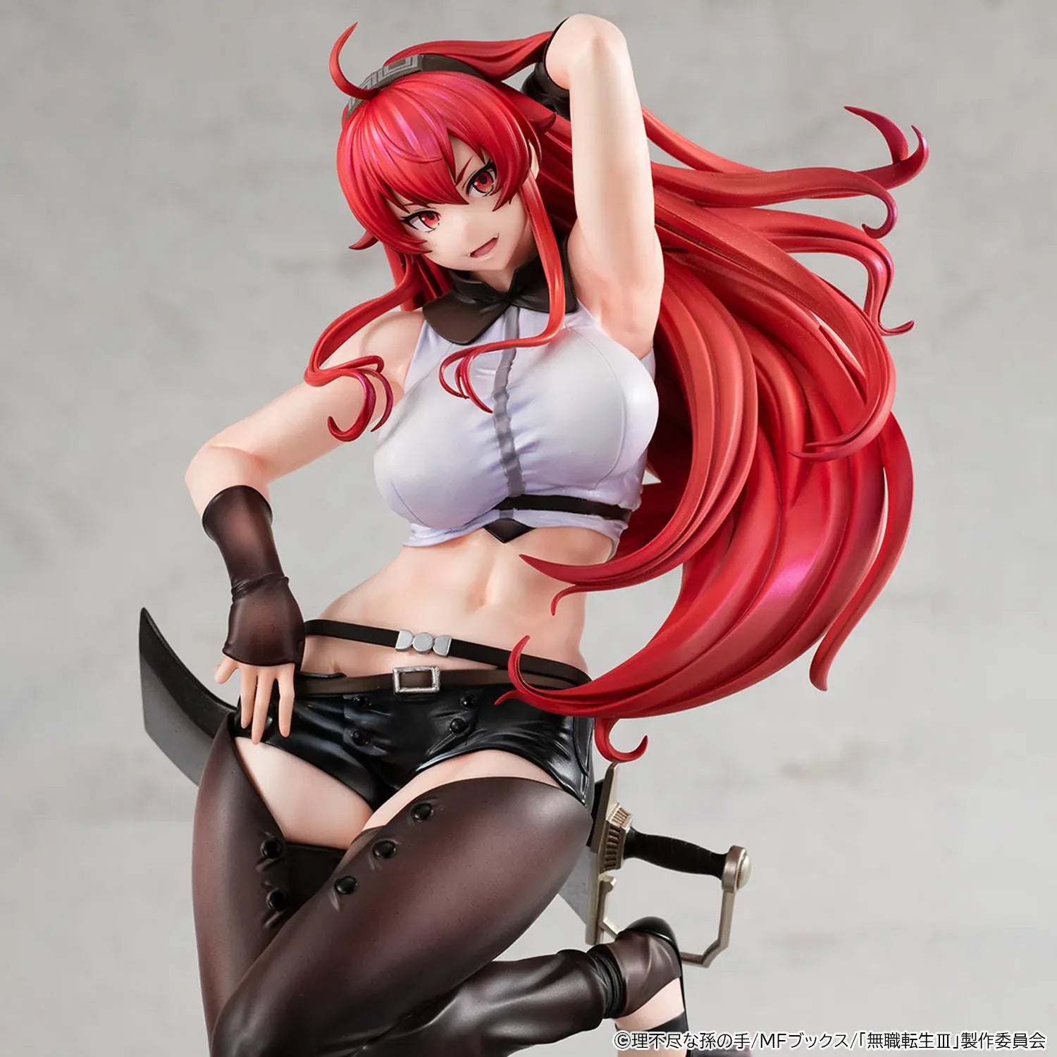Mushoku Tensei Lucrea Eris Boreas Greyrat Figure with flowing red hair, black and white outfit, and detailed rocky display base