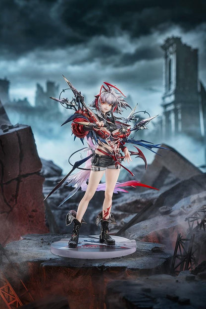 Arknights Wiš'adel 1/7 scale figure with silver-gray hair, red horns, a red-and-black outfit, angular weapon details, and a circular base.