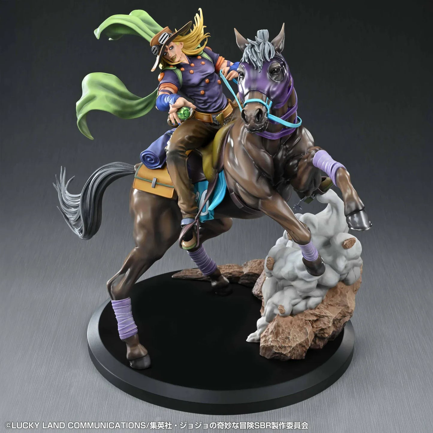 STEEL BALL RUN JoJo's Bizarre Adventure Gyro Zeppeli and Valkyrie figure featuring Gyro riding Valkyrie in a dynamic action pose with rocky effect base