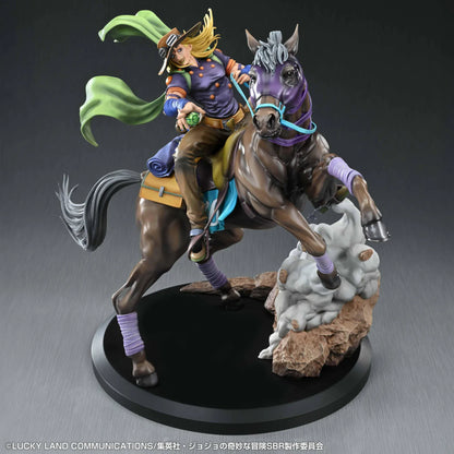STEEL BALL RUN JoJo's Bizarre Adventure Gyro Zeppeli and Valkyrie figure featuring Gyro riding Valkyrie in a dynamic action pose with rocky effect base