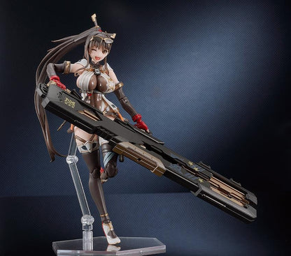 PLAMATEA MX-chan Model Kit featuring MX-chan in a black, white, and brown tactical outfit with red gloves and a large weapon case