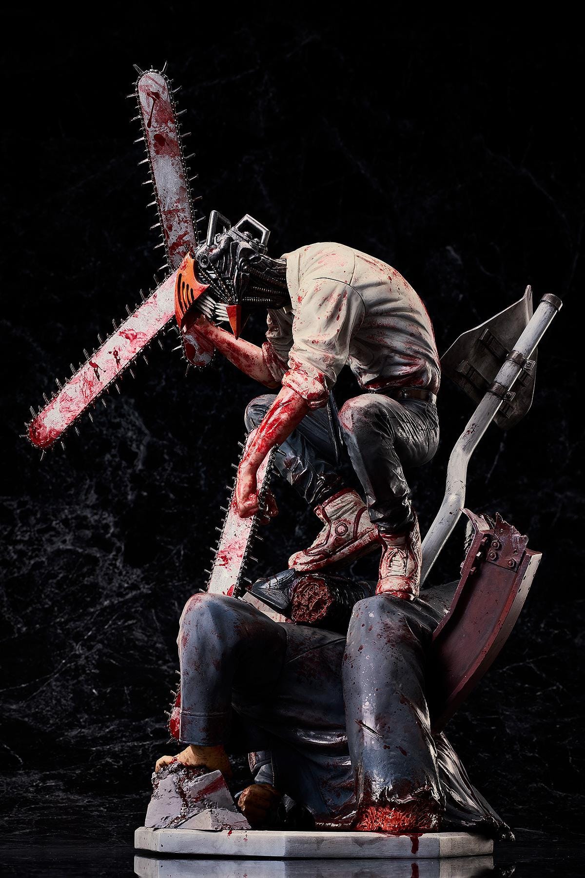 Chainsaw Man Takayuki Takeya Ver. 1/6 Scale Figure dynamic battle scene with Denji holding dual chainsaws over defeated enemy
