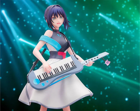 Iroha Sakayori Collaboration Concert Ver. figure with dark purple hair, holding a blue-gray keytar and wearing a white dress with turquoise and black accents.