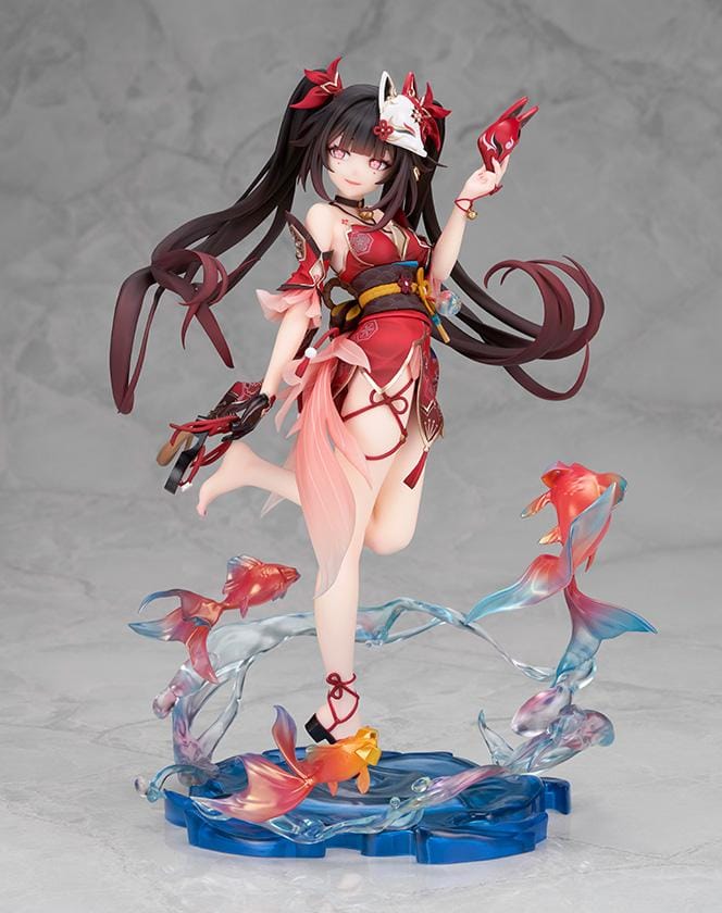 Honkai Star Rail Sparkle 1/7 scale figure in red and black outfit surrounded by translucent water effects and colorful goldfish