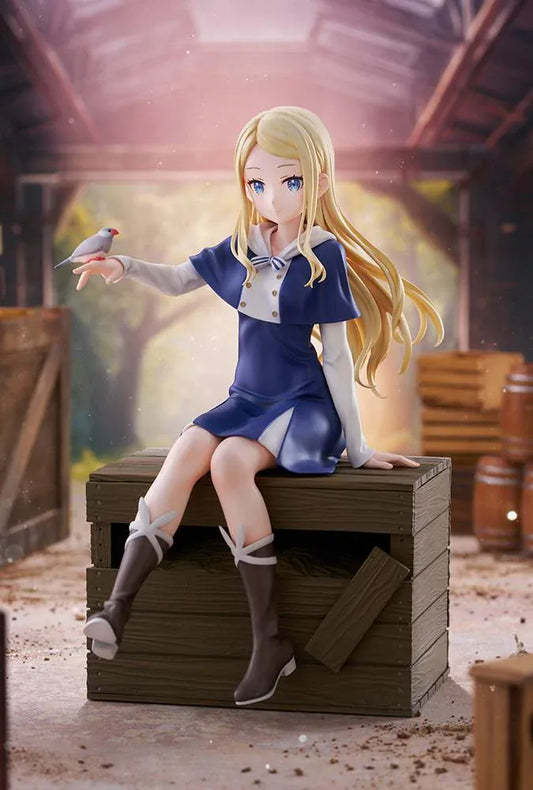 Sasaki and Peeps Elsa 1/7 Scale Figure featuring a blonde-haired anime girl with blue eyes wearing a navy-blue and white outfit, sitting on a wooden crate with a small bird perched on her hand.