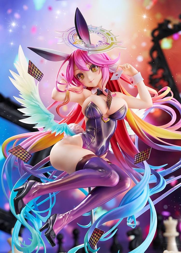 No Game No Life Jibril Bunny Ver. 1/6 Scale Figure featuring a pink-haired anime girl with flowing multicolored strands, golden eyes, purple bunny ears, a glossy purple bunny suit, thigh-high stockings, feathered wings, and a halo floating above a checkered display base.
