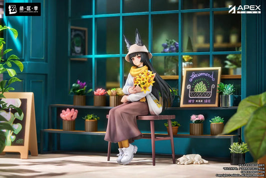 Zenless Zone Zero LIMEPIE Hoshimi Miyabi Daybreak Ver. 1/8 scale figure seated on a bench while holding yellow flowers in a casual outfit.