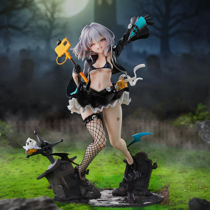 Azur Lane Jade 1/6 scale figure with silver hair, a blue witch hat, and a black ruffled outfit posed above a detailed graveyard base.