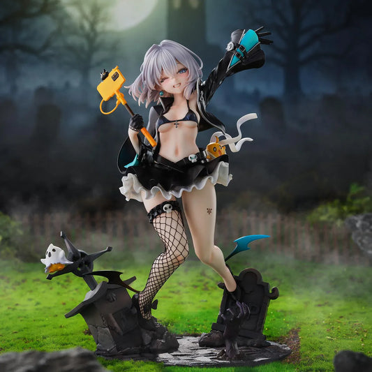 Azur Lane Jade 1/6 scale figure with silver hair, a blue witch hat, and a black ruffled outfit posed above a detailed graveyard base.