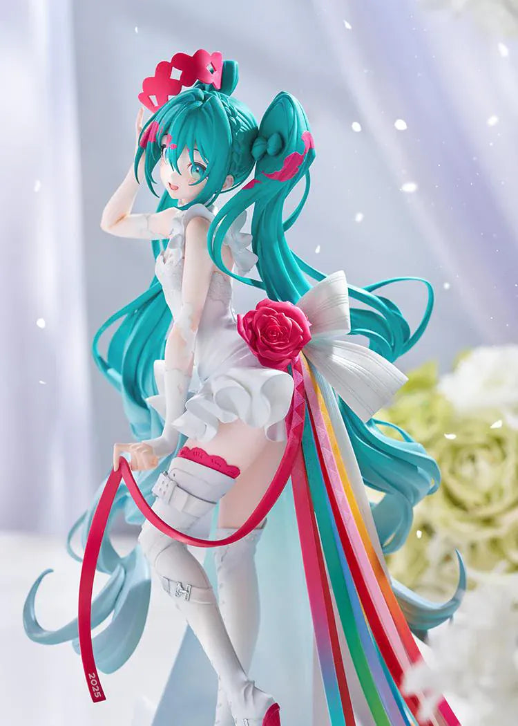GOOD SMILE RACING G.S. Collection Racing Miku 15th Rhapsody 2010-2025 1/7 Scale Figure with white outfit, teal twin-tails, red rose, and colorful ribbons