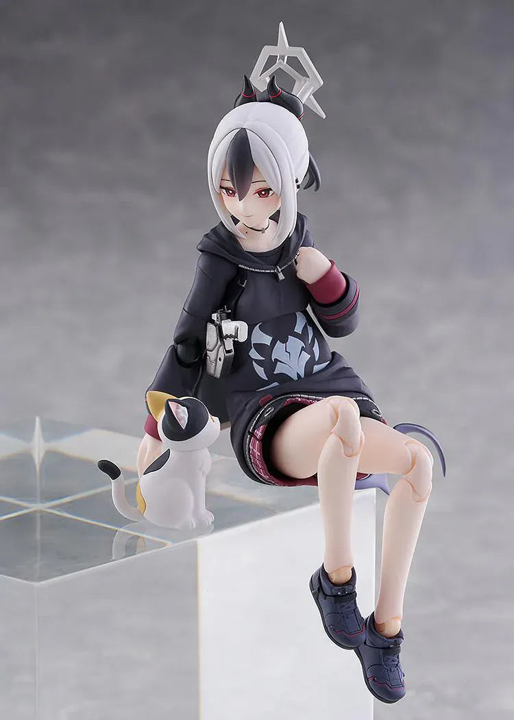 Blue Archive figma Kayoko Onikata Figure with black hoodie, plaid skirt, two-tone hair, halo detail, and tail