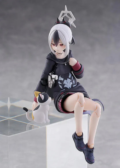 Blue Archive figma Kayoko Onikata Figure with black hoodie, plaid skirt, two-tone hair, halo detail, and tail