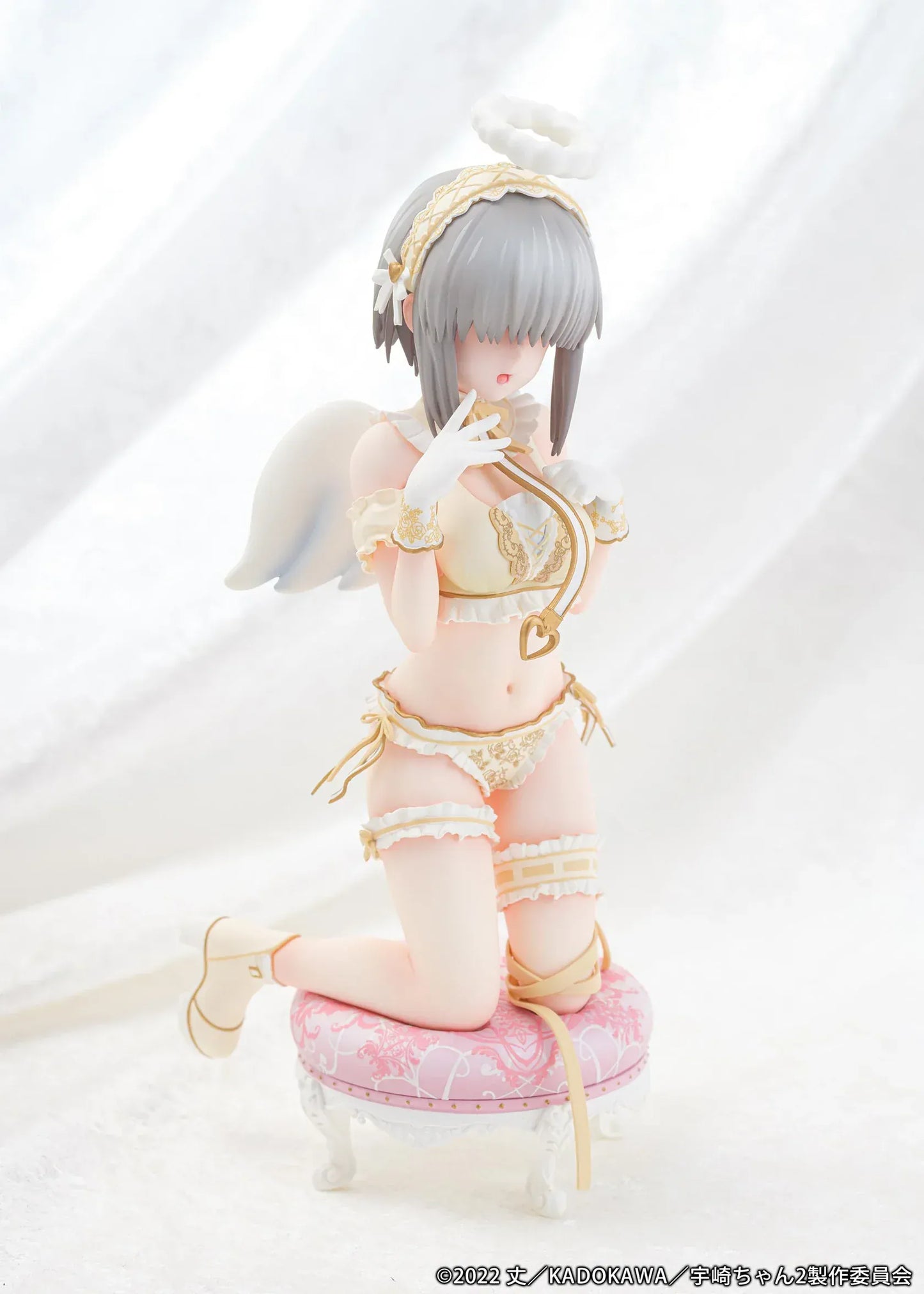 Yanagi Uzaki Angel Ver 1/7 scale figure from Uzaki-chan Wants to Hang Out kneeling with wings and halo on decorative stool