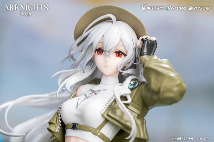 Arknights Gift+ Skadi Wildlight Wander Ver. 1/8 Scale Figure featuring Skadi with long white hair, fishing rod accessory, outdoor outfit, hat, and themed display base.