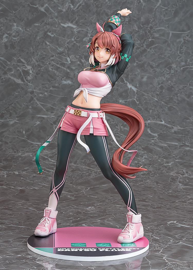 Uma Musume Pretty Derby Dantsu Flame 1/7 scale figure in pink athletic outfit with dynamic stretching pose and themed base