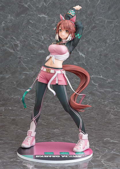 Uma Musume Pretty Derby Dantsu Flame 1/7 scale figure in pink athletic outfit with dynamic stretching pose and themed base