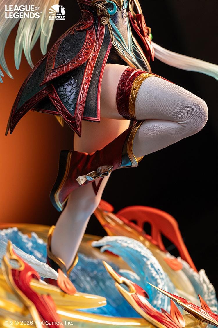 Infinity Studio League of Legends Mythmaker Irelia 1/4 scale figure surrounded by floating red blades, translucent waves, and an ornate base.