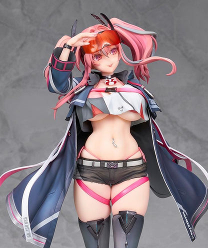 Azur Lane Bremerton 1/7 scale figure with pink twin tails, orange goggles, a navy coat, black shorts, and tall boots in a saluting pose.