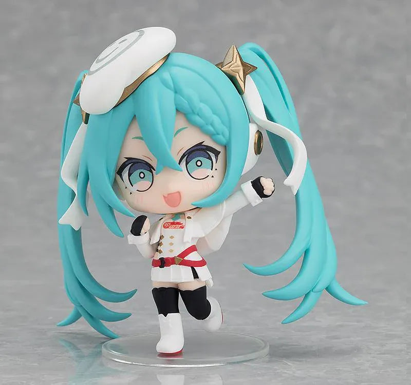 Eight featured Racing Miku All Stars Vol.2 chibi figure designs with turquoise twin-tails, varied outfits, crowns, flowers, goggles, and playful poses.