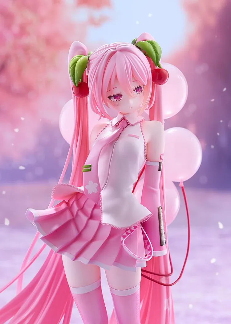 Sakura Miku figure with long pink twin-tails, cherry hair ornaments, a white and pink outfit, pink boots, and translucent balloons on a floral pink base.