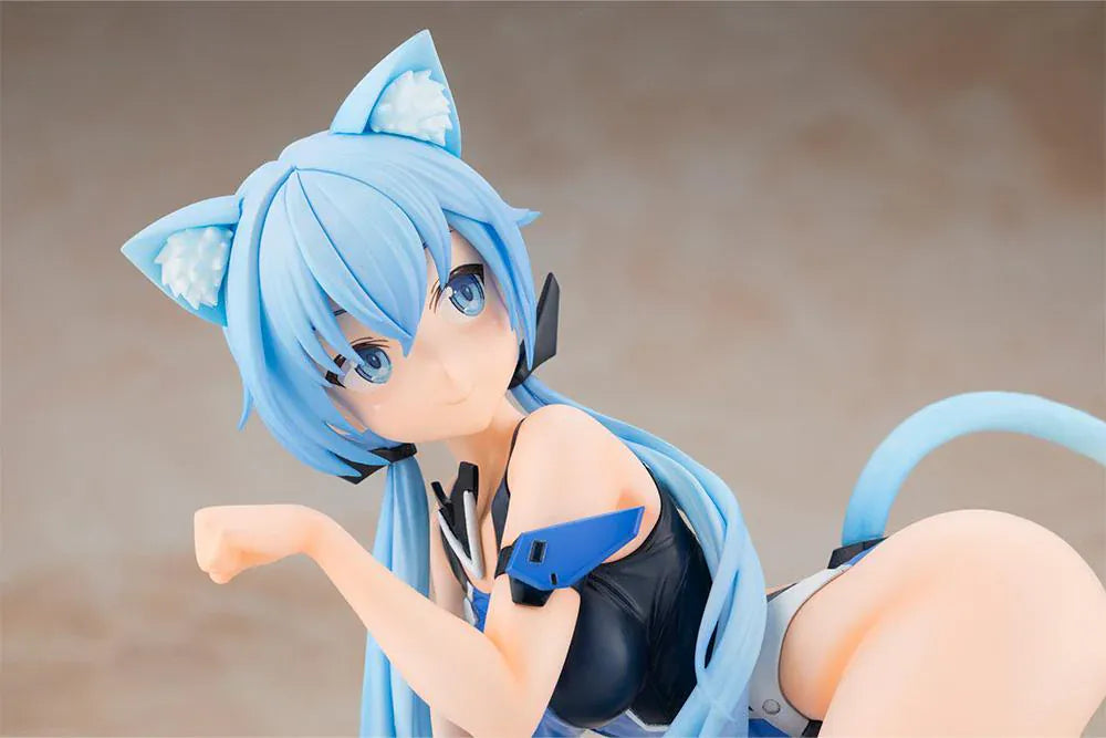 Frame Arms Girl Stylet Swimsuit Ver. Figure featuring Stylet with long light blue hair, cat ear details, blue-and-black swimsuit outfit, mechanical accessory parts, and display pose.