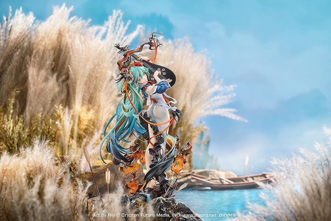 Hatsune Miku Shimian Maifu Ver. 1/7 scale figure featuring flowing turquoise hair, stringed instrument, orange ribbons, flame effects, and detailed fantasy outfit