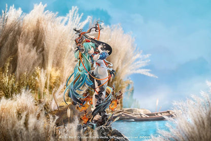 Hatsune Miku Shimian Maifu Ver. 1/7 scale figure featuring flowing turquoise hair, stringed instrument, orange ribbons, flame effects, and detailed fantasy outfit