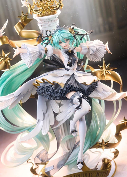 Hatsune Miku Symphony 10th Anniversary Ver. 1/7 scale figure with flowing turquoise hair, doves, gold ribbons, stars, and an ornate dress.