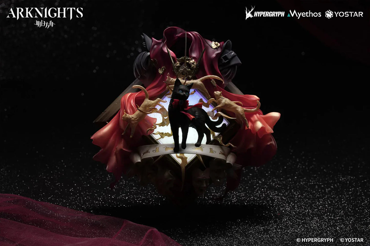 Arknights Miss Christine Elite 2 Ver. Diorama Non-Scale Figure with black cat, red bow, gold accents, theater masks, and red drapery